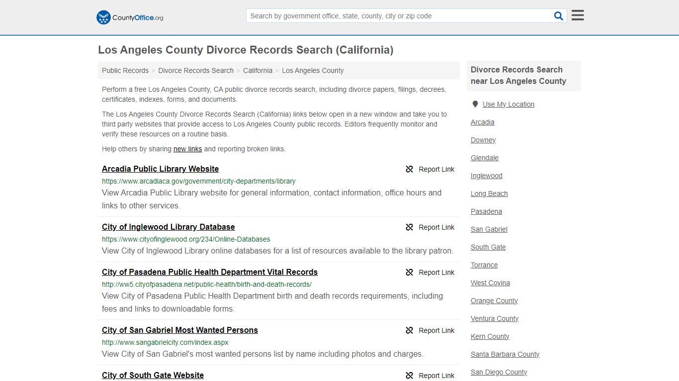 Los Angeles County Divorce Records Search (California)
